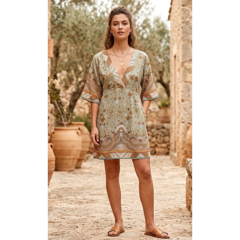 Kool Hearts Earthy Paisley Boho Plunge Kimono Sleeve Festival Shift Dress- Large